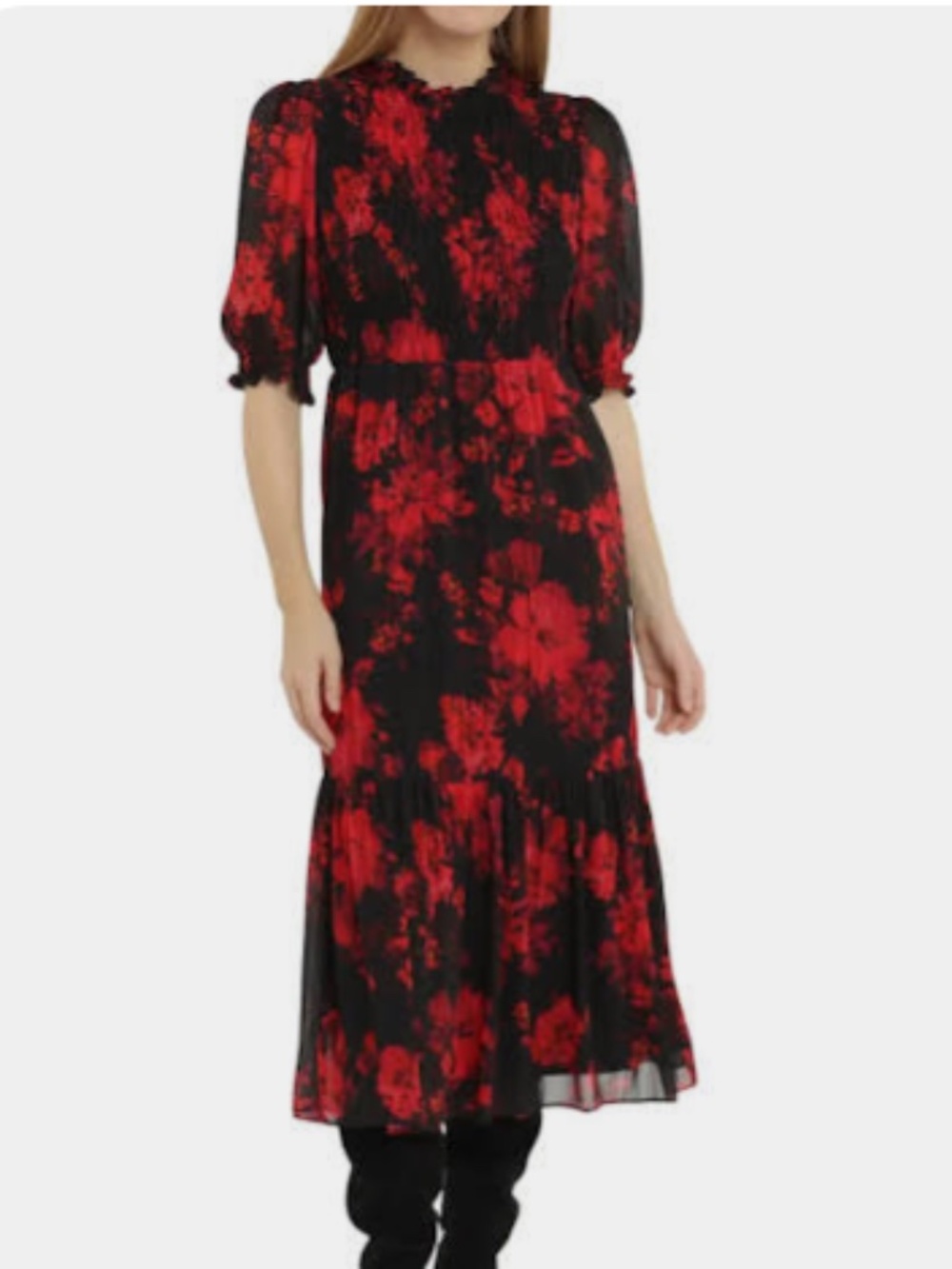 Autumn Wedding Floral Smocked Puff Sleeve Ruffle Neck Tiered Midi Dress Sz 4
